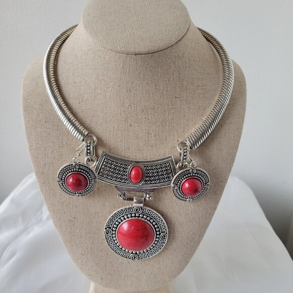 NWT - Boho Vintage Tribal Red Stone Necklace, Earrings & Bracelet Jewelry Set - Picture 12 of 12
